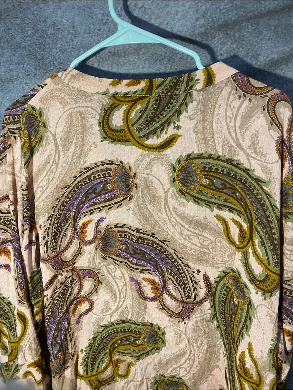 DR2 Womens Plus 3X Blouse Paisley Button Up Long Flare Sleeve Olive Beige Top - Picture 10 of 11